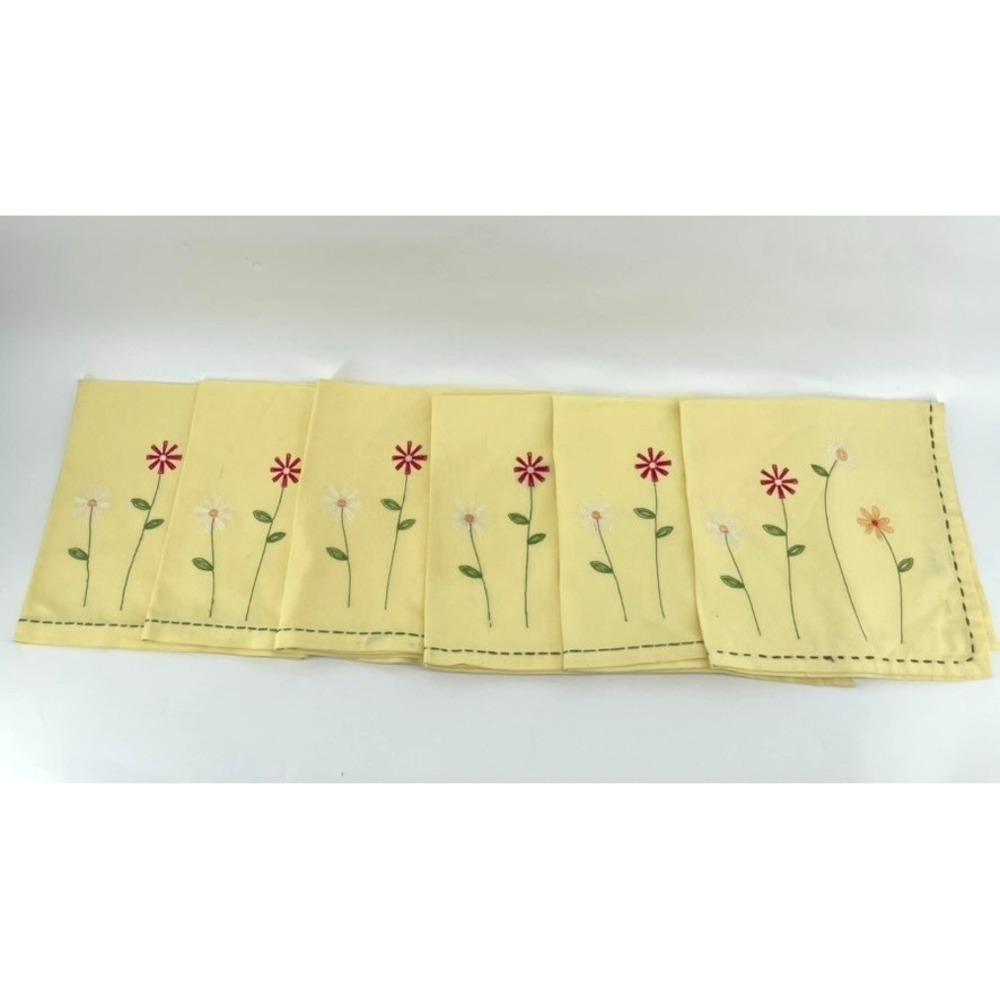 TAG‎ Napkins Cloth Fabric 6 Cotton Embroidered Flowers Yellow Spring Large 20x20